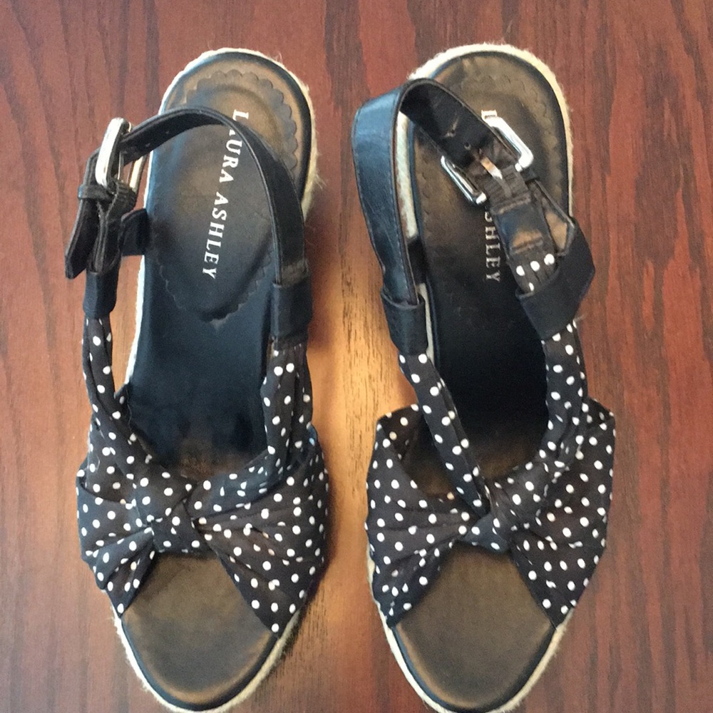 Laura Ashley black and white polka dot wedges